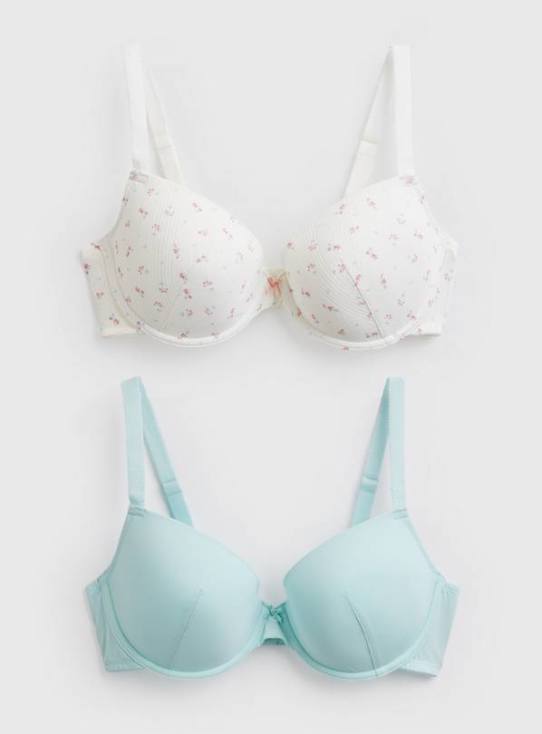 Blue & Floral Print Padded Underwired Plunge Bras 2 Pack 34D